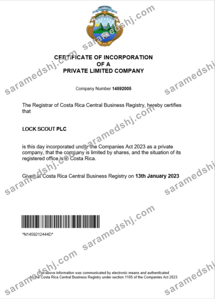 Costa Rica certificate of registration Word and PDF template